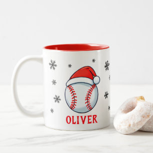Baseball Ball Red Santa Hat Snowflake Name  Two-Tone Coffee Mug