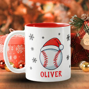 Baseball Ball Red Santa Hat Snowflake Name Two-Tone Coffee Mug