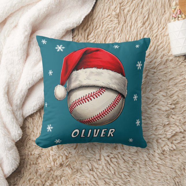 Baseball Ball Red Santa Hat Snowflakes Name Cushion (Blanket)