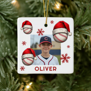 Baseball Ball Santa Hat Name Photo Christmas  Ceramic Ornament