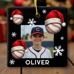 Baseball Ball Santa Hat Name Photo Christmas  Ceramic Ornament