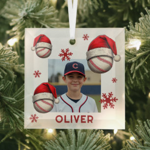 Baseball Ball Santa Hat Name Photo Christmas  Glass Tree Decoration