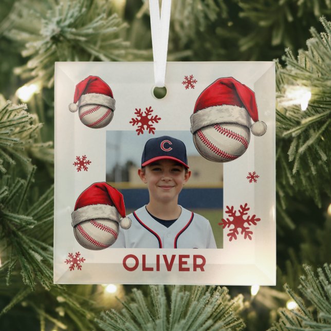 Baseball Ball Santa Hat Name Photo Christmas  Glass Tree Decoration (Insitu)