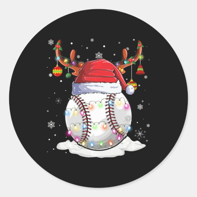 Baseball Ball Santa Hat Reindeer Christmas Lights  Classic Round Sticker (Front)
