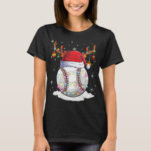 Baseball Ball Santa Hat Reindeer Christmas Lights  T-Shirt