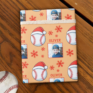 Baseball Ball Santa Hat Snowflake Name Photo Wrapping Paper