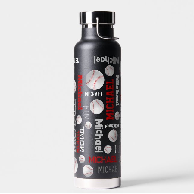 Baseball ball sports blue red white custom name water bottle (Left)