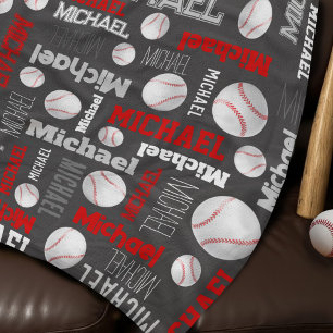 Baseball ball sports grey red white custom name fleece blanket