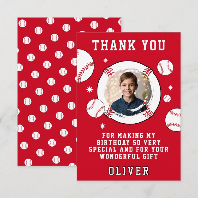 Baseball Ball Themed Birthday Party Photo Thank You Card (Front/Back)