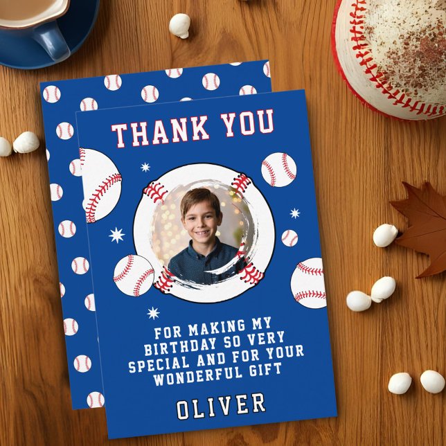 Baseball Ball Themed Birthday Party Photo Thank You Card (Creator Uploaded)