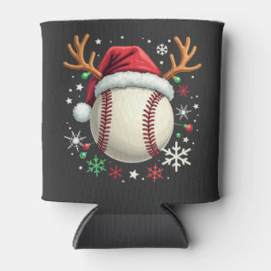 Baseball Ball with Reindeer Horns and Christmas Can Cooler