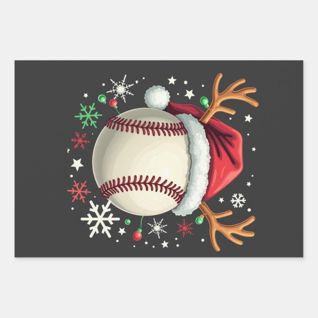 Baseball Ball with Reindeer Horns and Christmas  Wrapping Paper Sheet (Front)