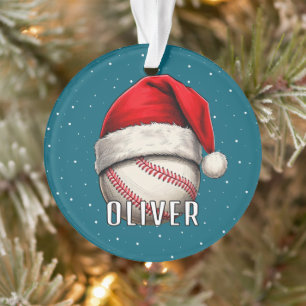Baseball Ball with Santa Hat Snowflakes Name Ornament