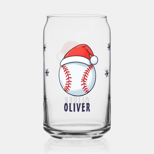 Baseball Ball with Santa Hat Sports Christmas Can Glass (Front)