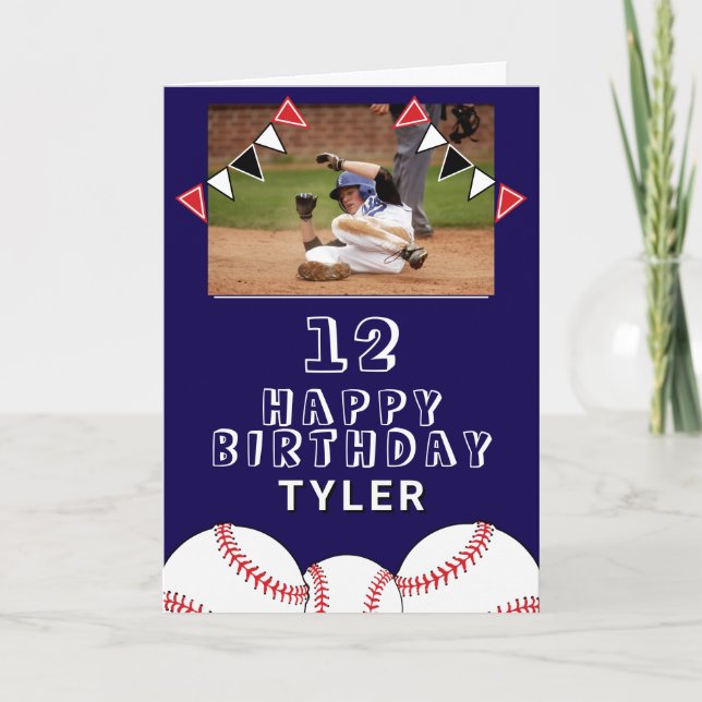 Baseball Balls Flags Kids Photo Birthday Card (Front)