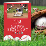 Baseball Balls Flags Kids Photo Birthday Card<br><div class="desc">Baseball Balls Flags Kids Photo Birthday Card. The design has baseball balls and birthday party bunting flags in red, black and white colours on red background. Add your photo and personalise it with your name, age and text and make your own birthday card. Great for boys and girls who love...</div>
