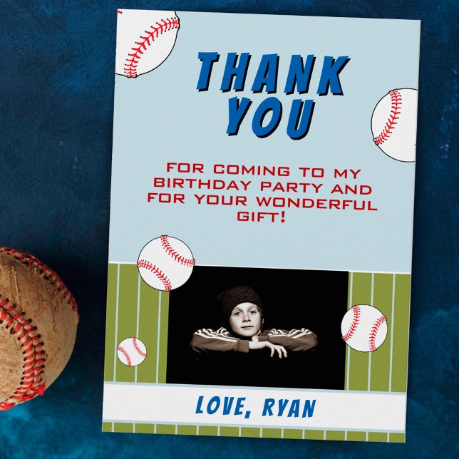 Baseball Balls Sports Kid's Photo Birthday Thank  You Card (Creator Uploaded)