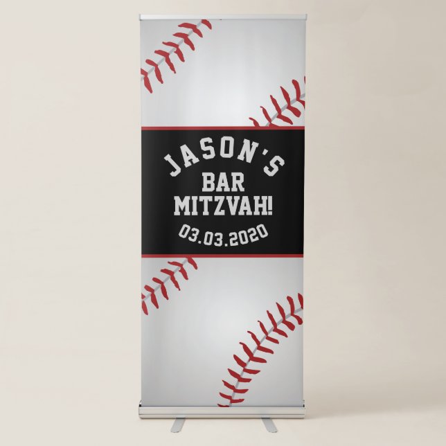 Baseball Bar Mitzvah Personalised Red Black Retractable Banner (Front)