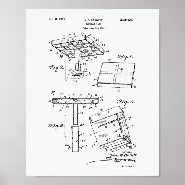 Baseball Base 1953 Patent Art White Paper Poster (Front)