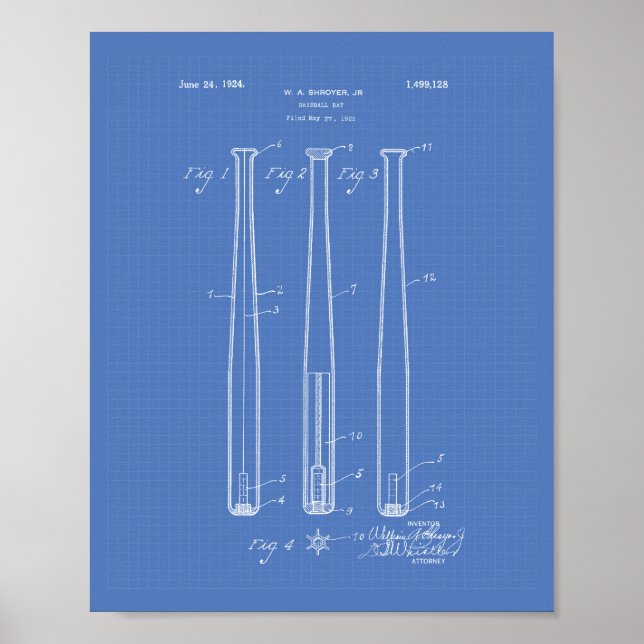 Baseball Bat 1924 Patent Art - Blueprint Poster (Front)