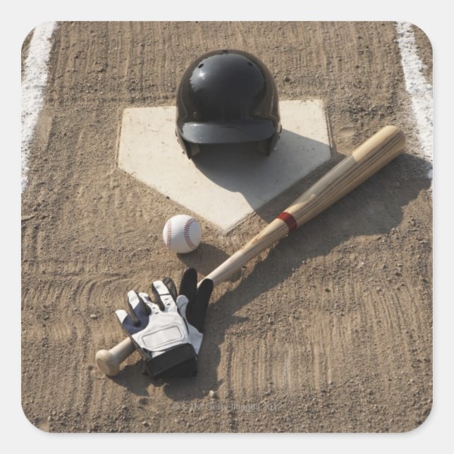 Baseball, bat, batting gloves and baseball square sticker (Front)