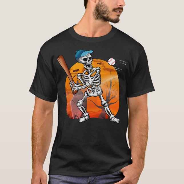 Baseball Bat Player Skeleton Funny Halloween Boys  T-Shirt (Front)