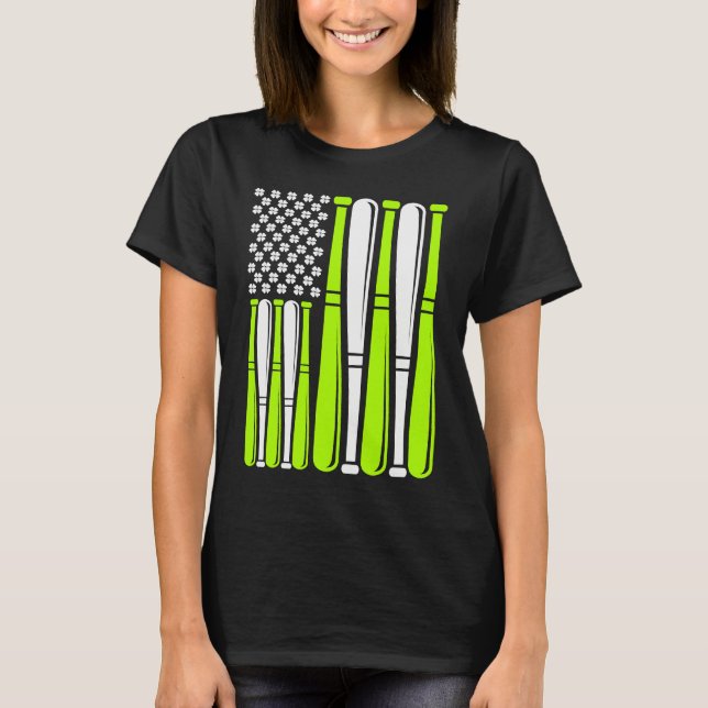 Baseball Bat Sports American Flag St Patrick's Day T-Shirt (Front)