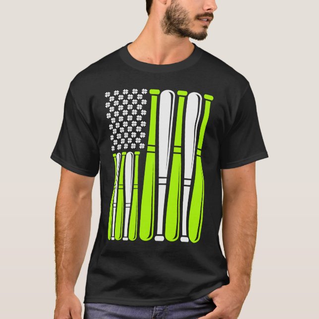 Baseball Bat Sports American Flag St Patrick's Day T-Shirt (Front)