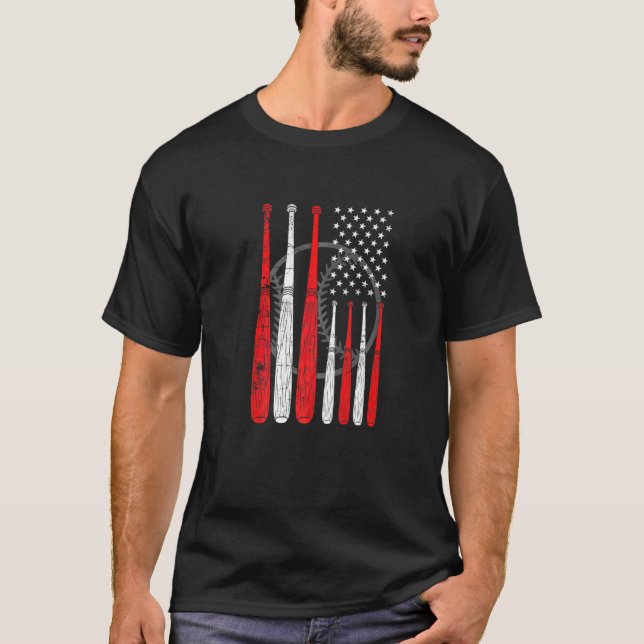 Baseball Bat US Flag Pitcher Catcher Baseball Play T-Shirt (Front)