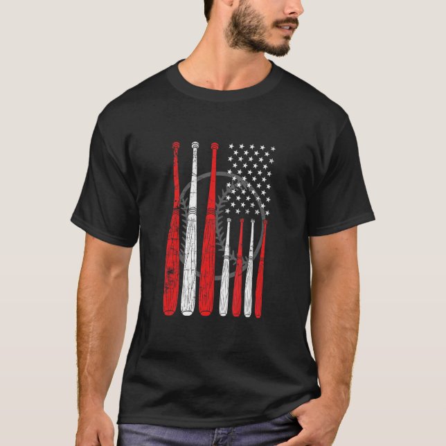 Baseball Bat US Flag Pitcher Catcher Baseball Play T-Shirt (Front)