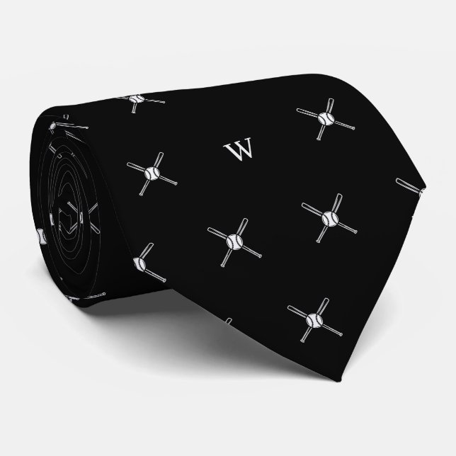 Baseball Bats Ball Monogram Initials Black & White Tie (Rolled)