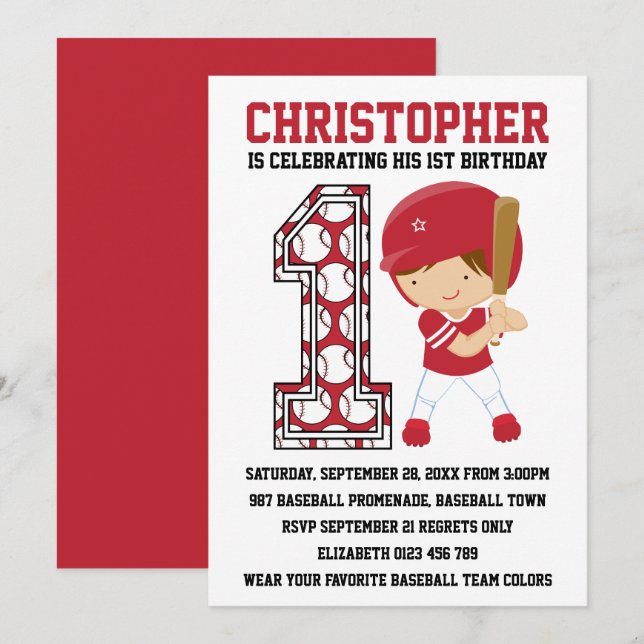 Baseball Batter Red White 1st Birthday Party Invitation (Front/Back)