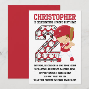 Baseball Batter Red White 2nd Birthday Party Invitation