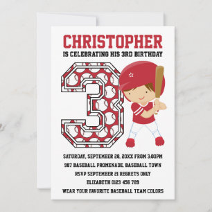 Baseball Batter Red White 3rd Birthday Party Invitation