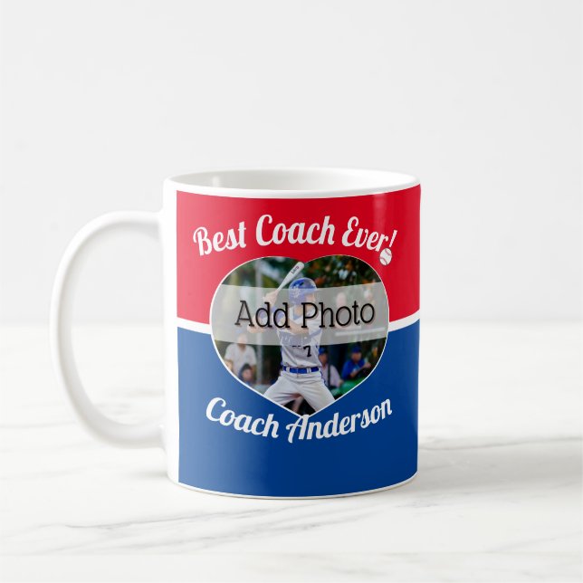 Baseball Best Coach Ever Photo Name red white blue Coffee Mug (Left)
