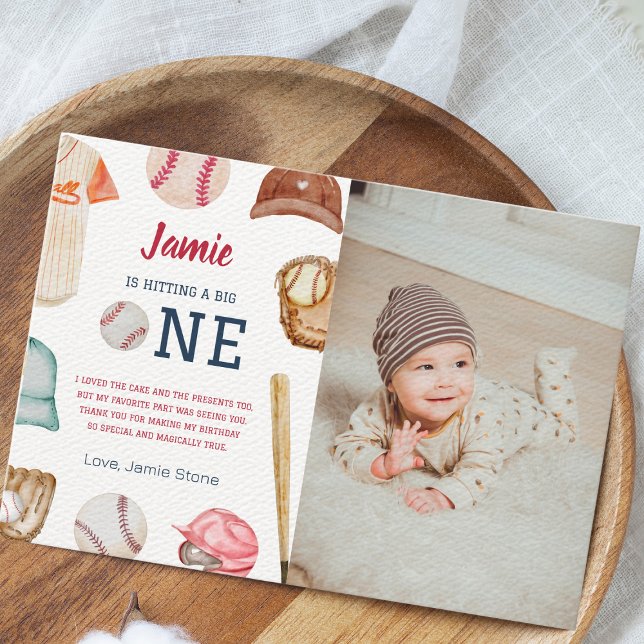 Baseball Big One Boy 1st Birthday  Thank You Card (Hitting a Big One Baseball 1st Birthday Thank You Card)