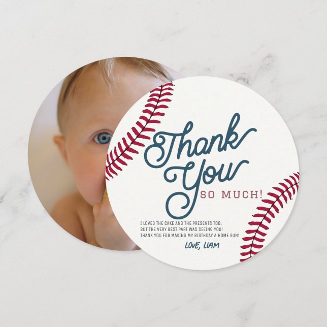 Baseball Birthday Circle Photo Thank You Card (Front/Back)