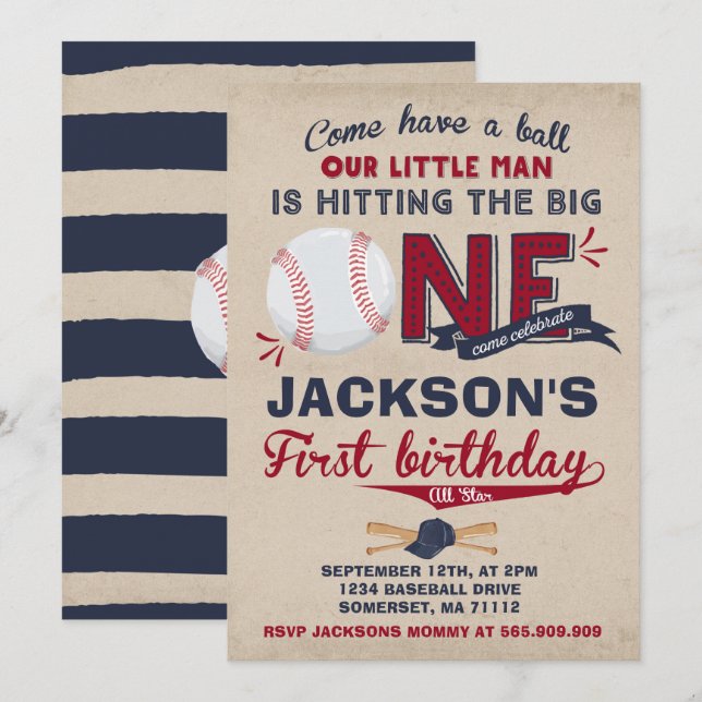 Baseball Birthday Invitation Baseball 1st Birthday (Front/Back)