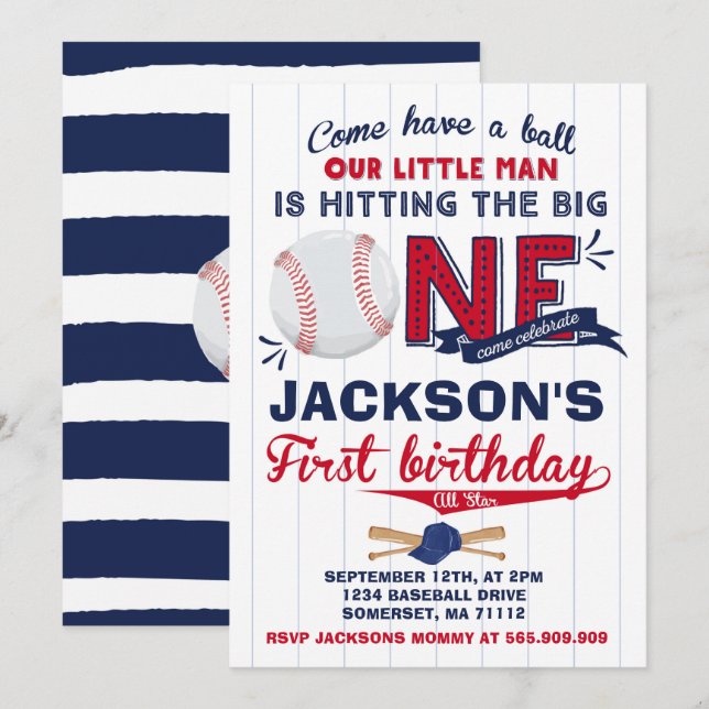 Baseball Birthday Invitation Baseball 1st Birthday (Front/Back)