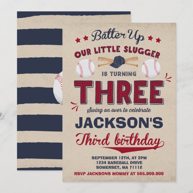 Baseball Birthday Invitation Baseball 3rd Birthday (Front/Back)
