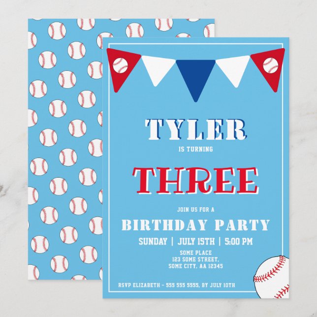 Baseball Birthday Invitation Boy 3rd Birthday (Front/Back)