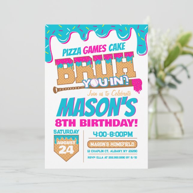Baseball Birthday Invitation Drip Bruh Theme (Standing Front)