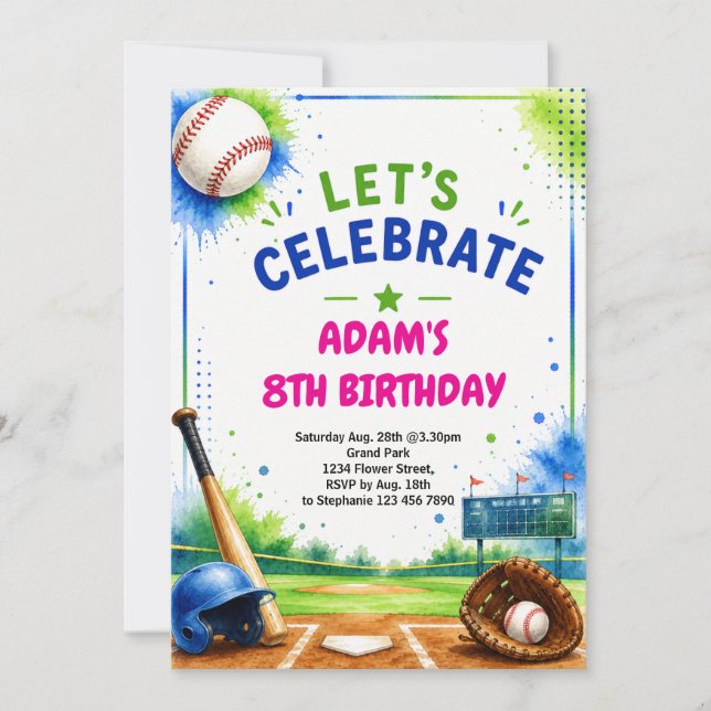 Baseball Birthday Invitation Watercolor Design (Front)