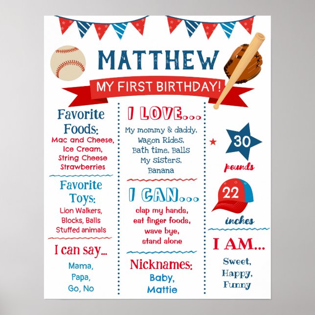 Baseball Birthday Milestone Sign Chalkboard Poster (Front)
