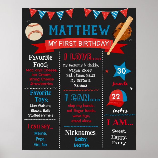 Baseball Birthday Milestone Sign Chalkboard Poster (Front)