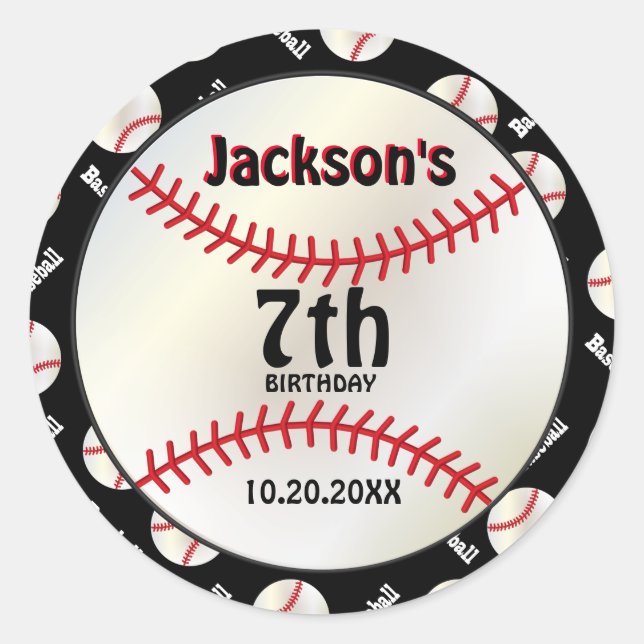 Baseball Birthday on Black | Personalise Classic Round Sticker (Front)