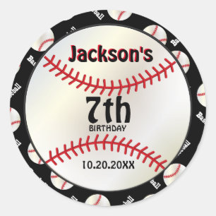 Baseball Birthday on Black Personalise Classic Round Sticker