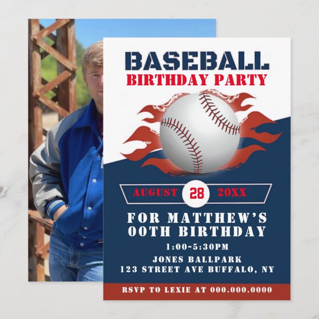Baseball Birthday Party Add Photo Invitations  (Front/Back)