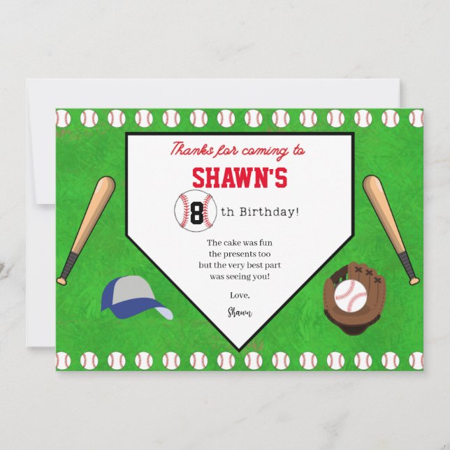 Baseball Birthday Party Home Plate Thank You Card (Front)