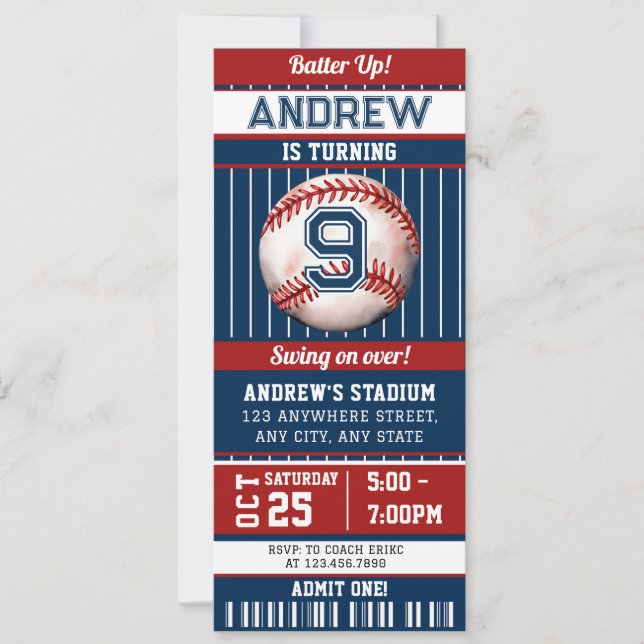 Baseball Birthday Party Invitation Ticket (Front)